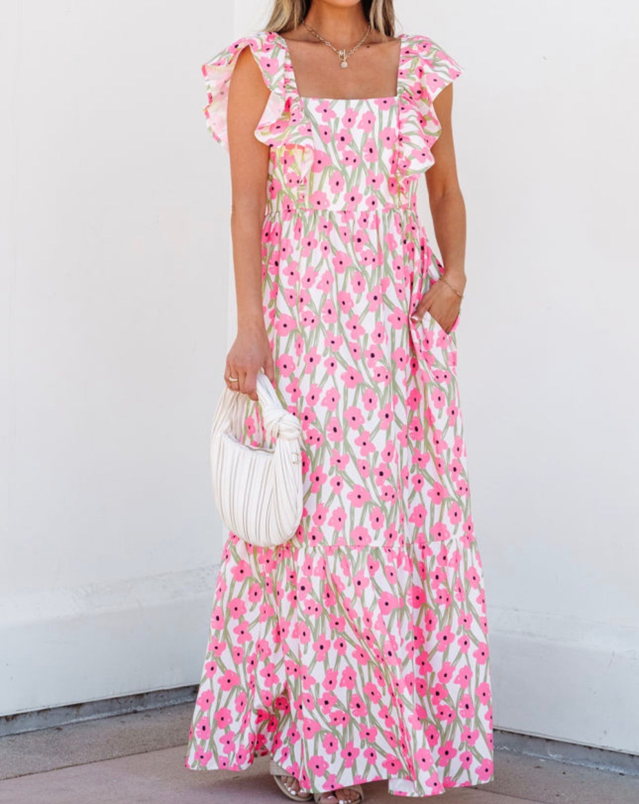 Pink Floral Print Square Neck Ruffled Sundress