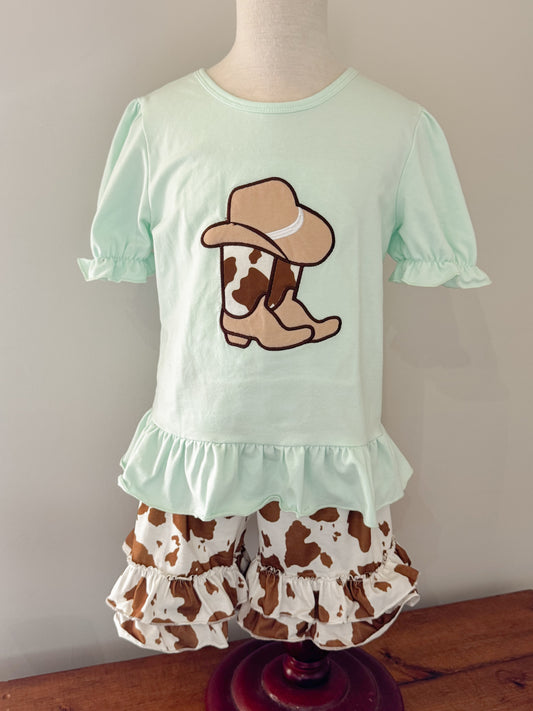 Green Shirt Cow Print Shorts
