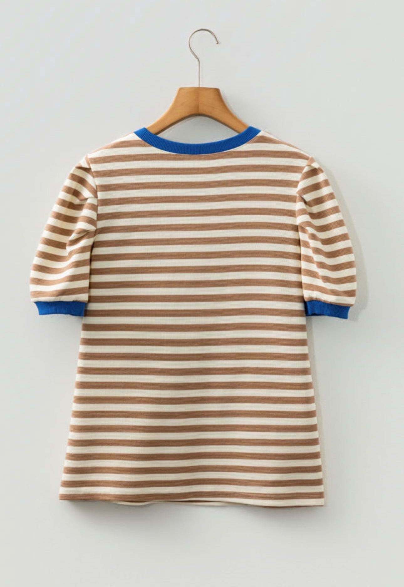 Brown Stripe Short Puff Sleeve Contrast Trim Round Neck Tee