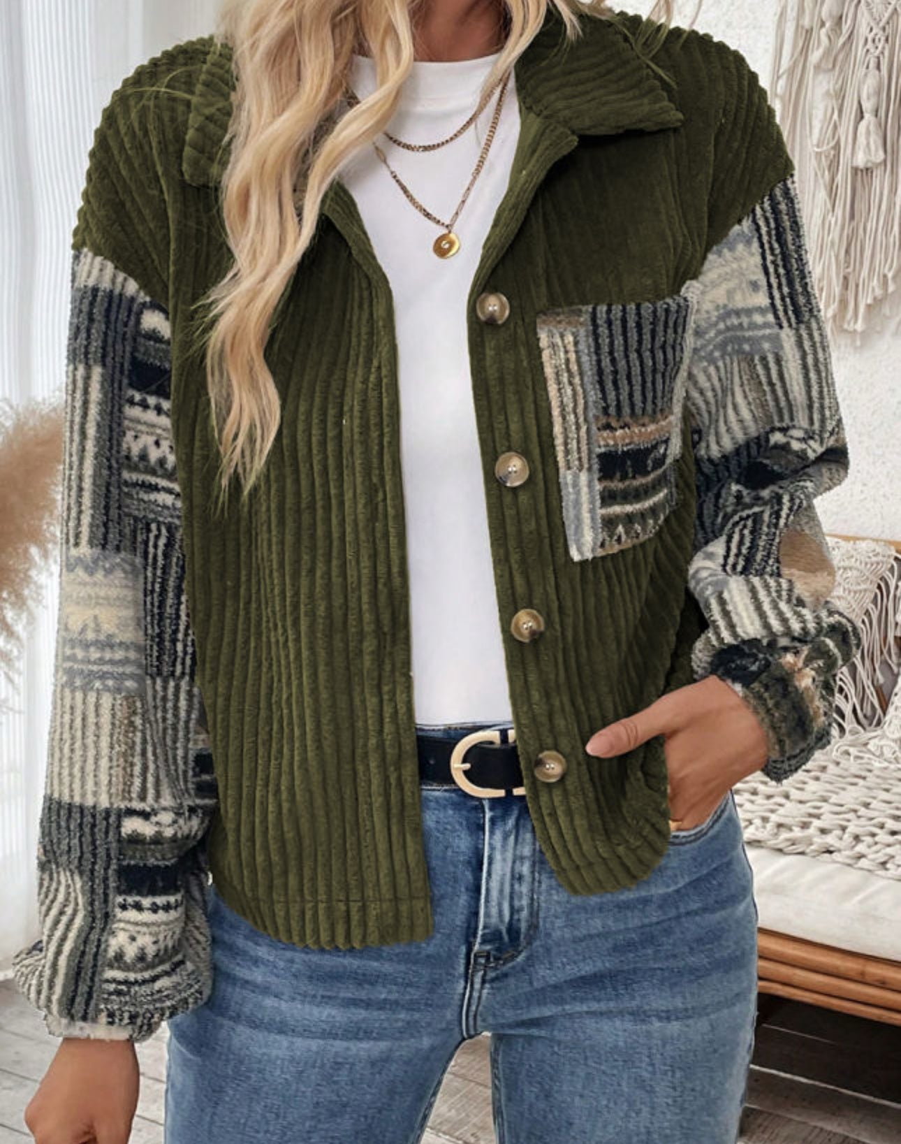 Green Ribbed Fleece Plaid Patchwork Jacket