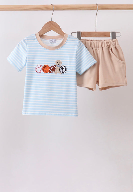 Blue Puppy Ball Embroidered Short Set