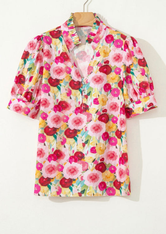 Pink Floral Frilled V Neck Puff Short Sleeve Blouse