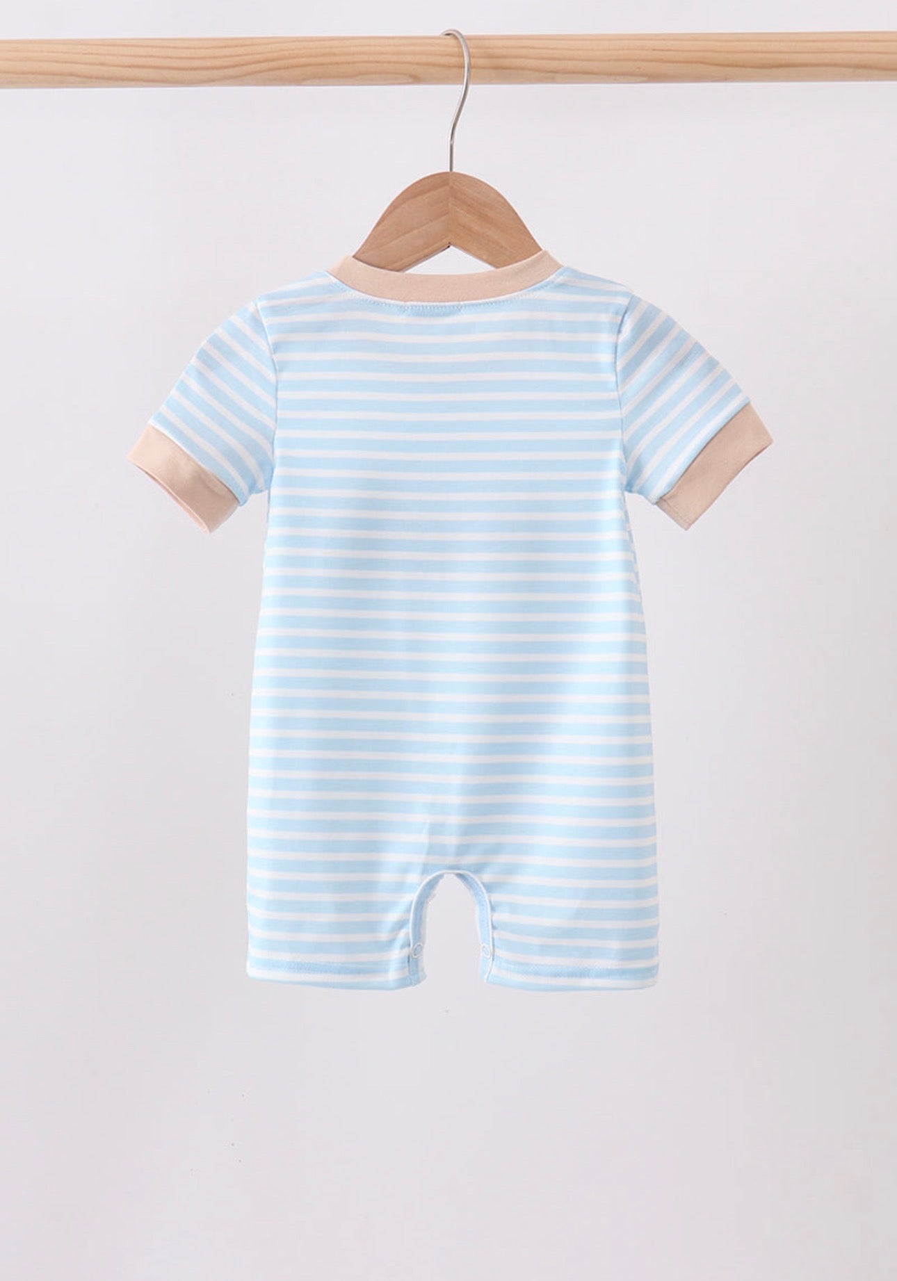 Blue Puppy Ball Embroidered Striped Romper