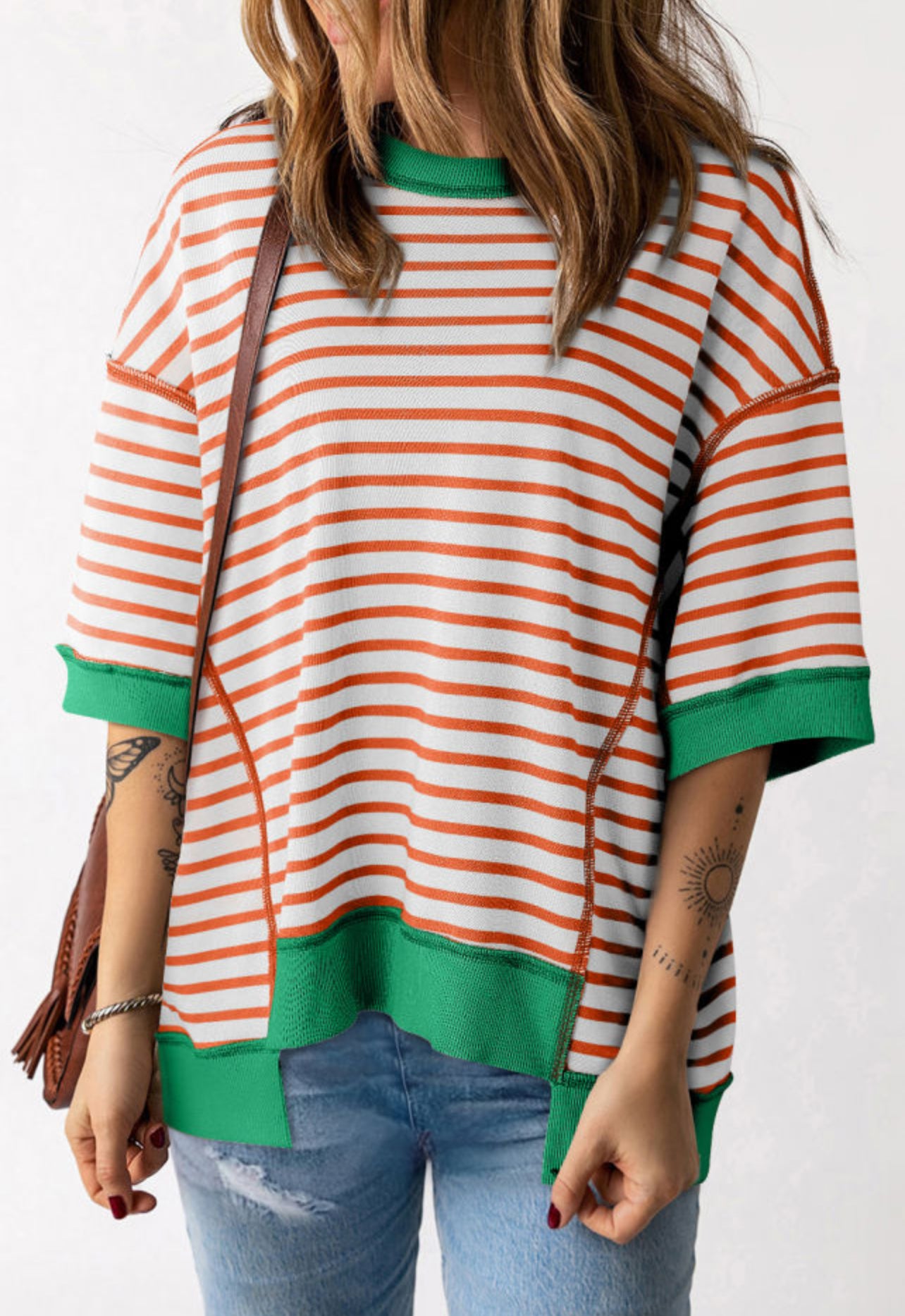 Oversized Orange Stripe Contrast Trim High Lo Shirt