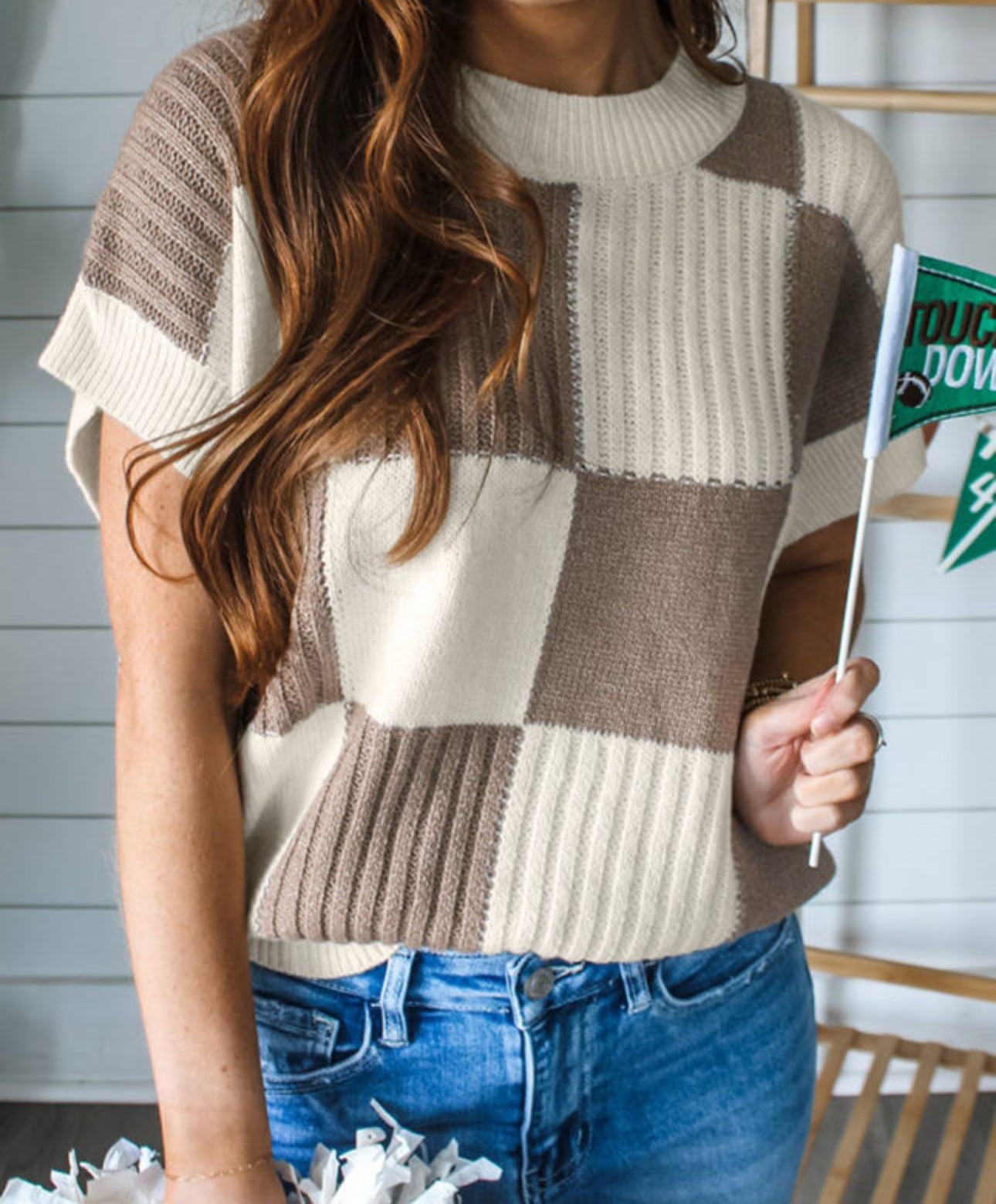 Khaki Checkered Colored Block Short Sleeve Crew Neck Sweater