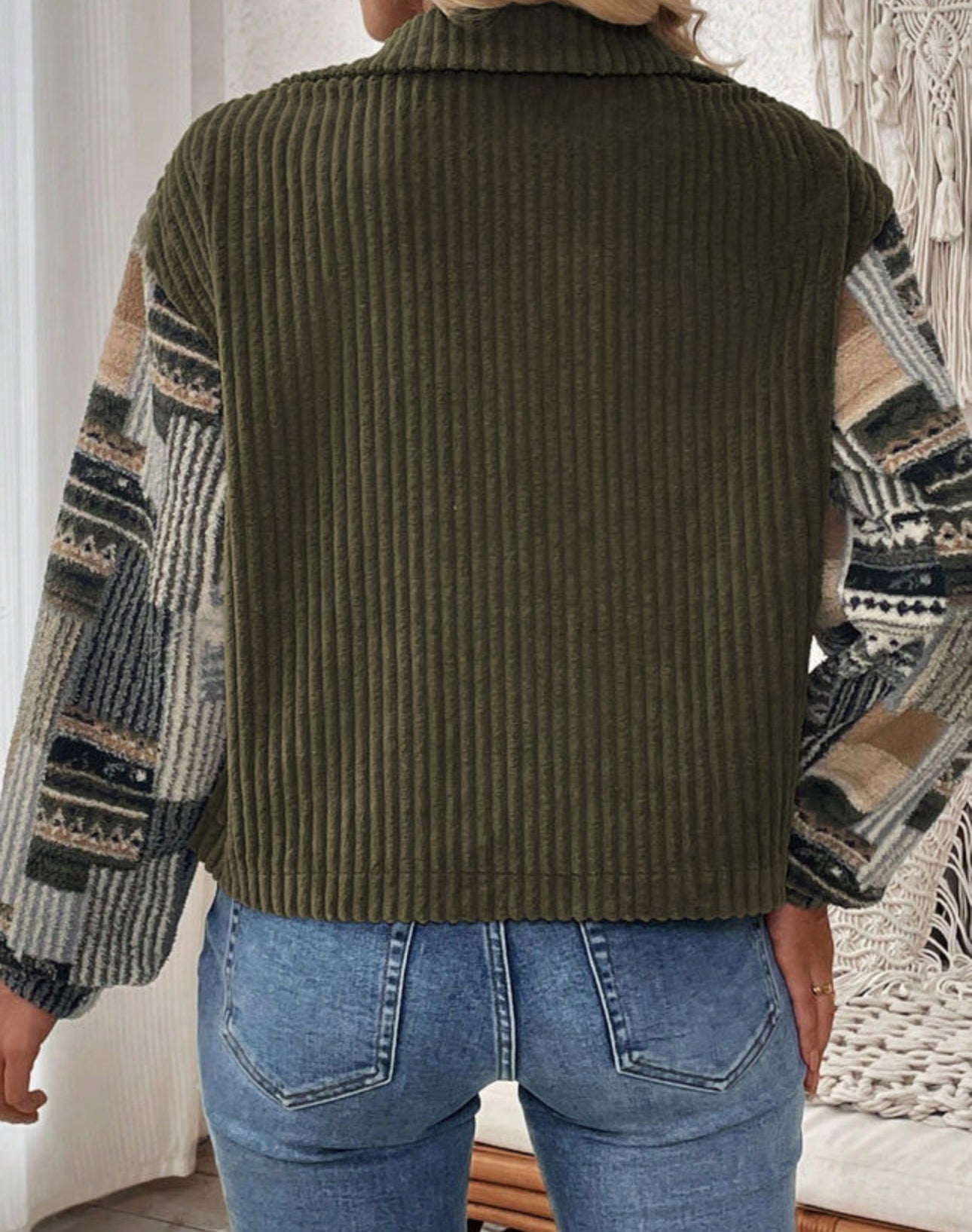 Green Ribbed Fleece Plaid Patchwork Jacket