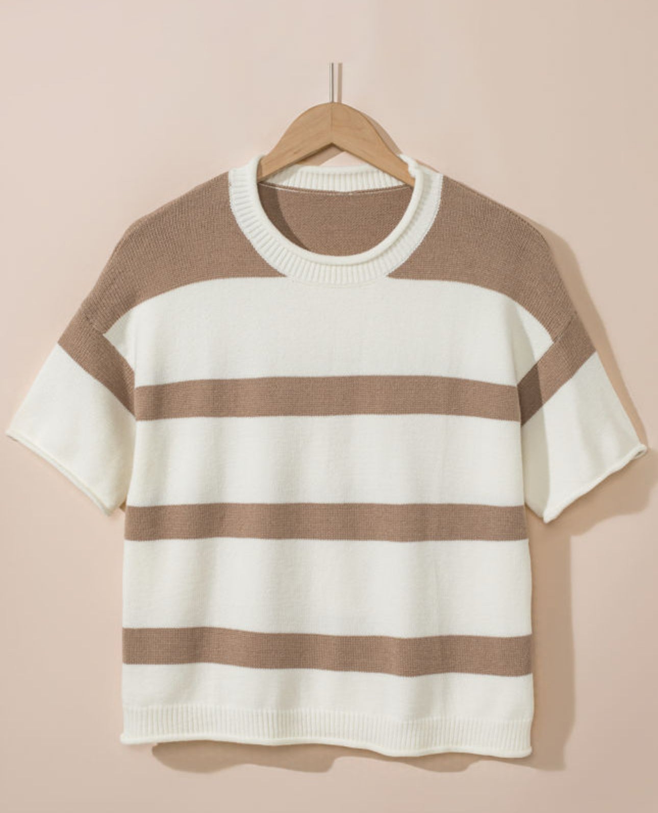 Khaki Striped Dropped Short Sleeve Sweater