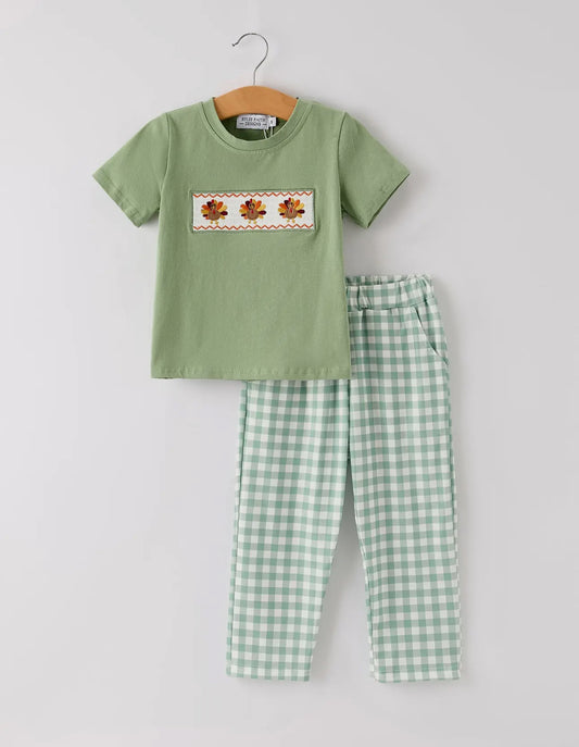 Thanksgiving Turkey Smocked Embroidered Boys Pants Set