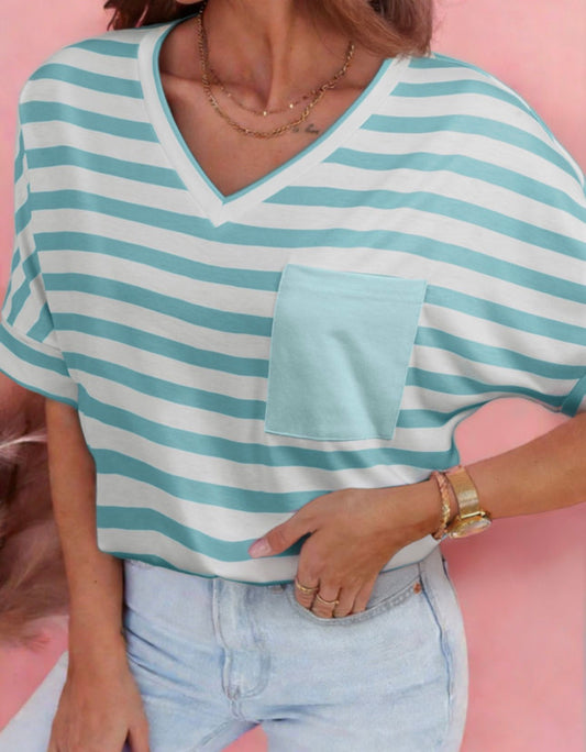 Blue Striped V Neck Patched Pocket Tee