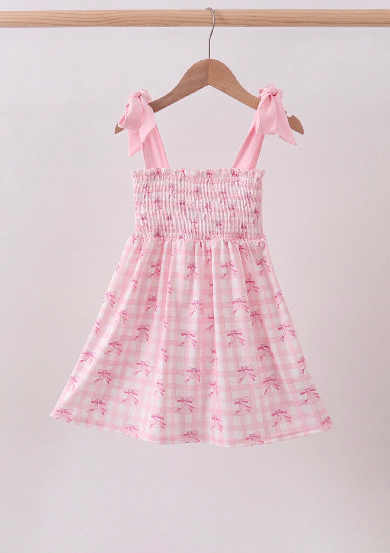 Pink Bow Print Smocked Ruffle Dress