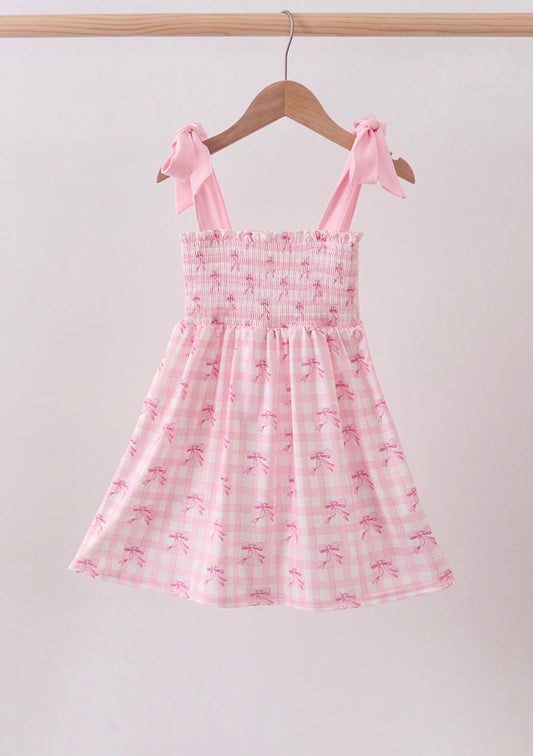 Pink Bow Print Smocked Ruffle Dress
