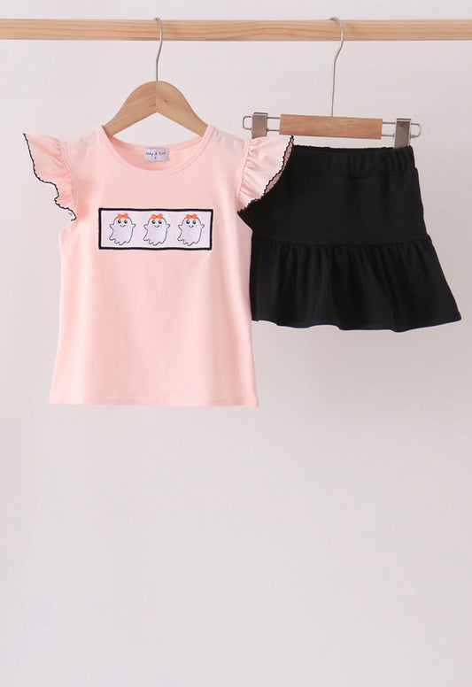 Pink Ghost Embroidered Ruffle Skort Set