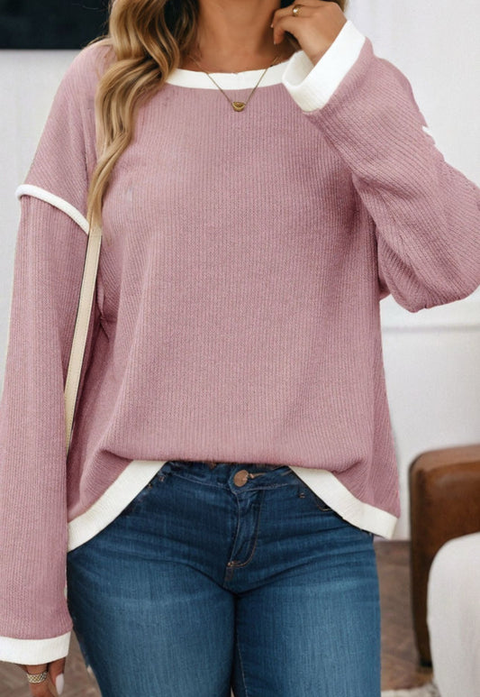 Light Pink Plus Size Contrast Trim Knitted Drop Shoulder Sweater