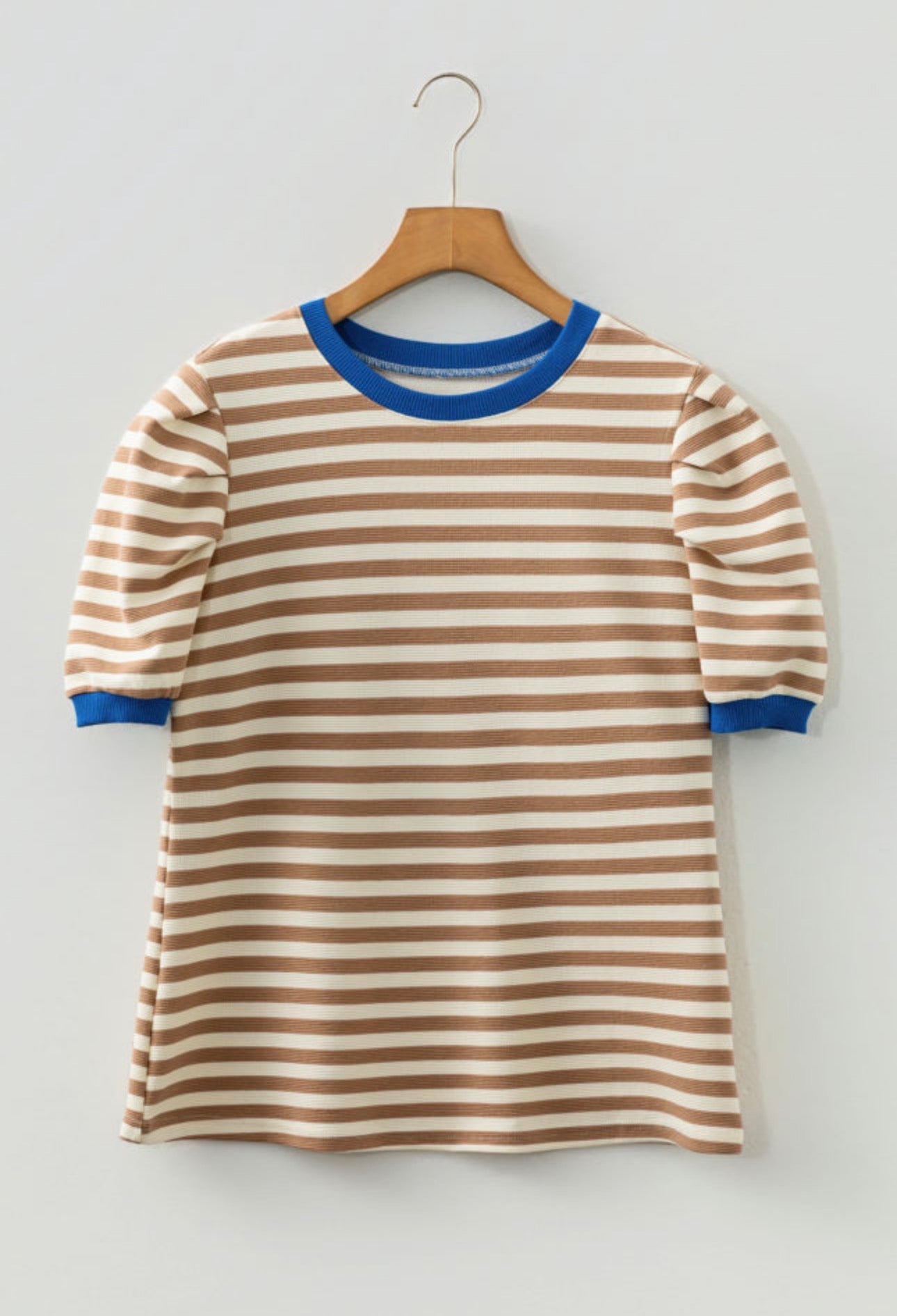 Brown Stripe Short Puff Sleeve Contrast Trim Round Neck Tee