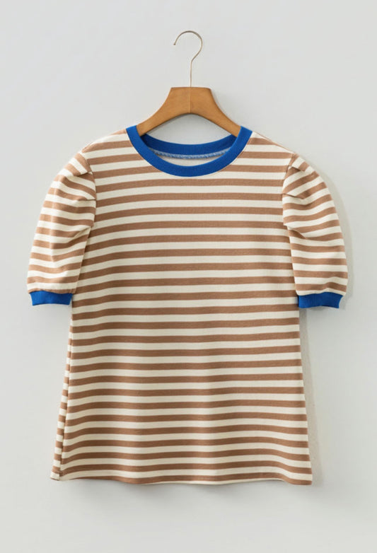Brown Stripe Short Puff Sleeve Contrast Trim Round Neck Tee