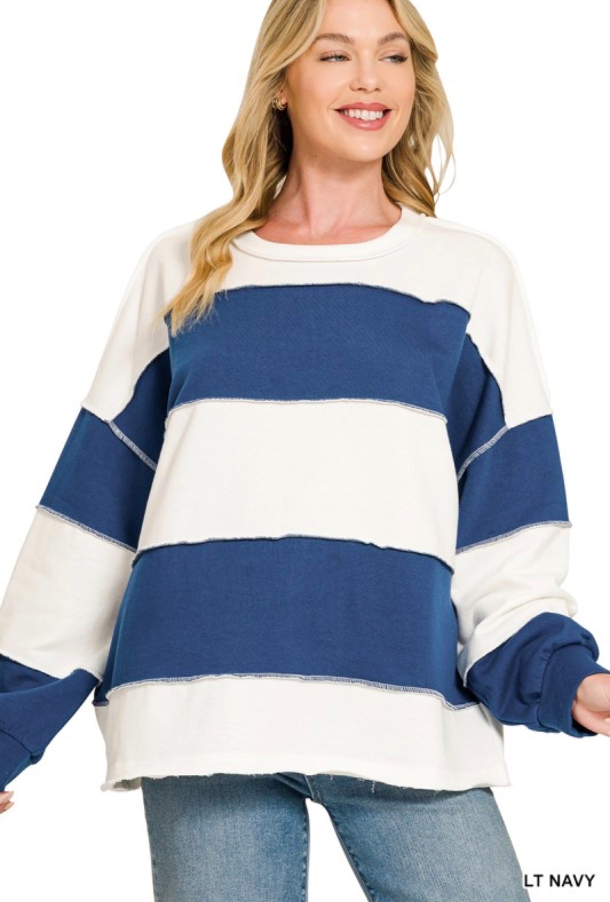 Zenana French Terry Color Block Exposed Seam Top