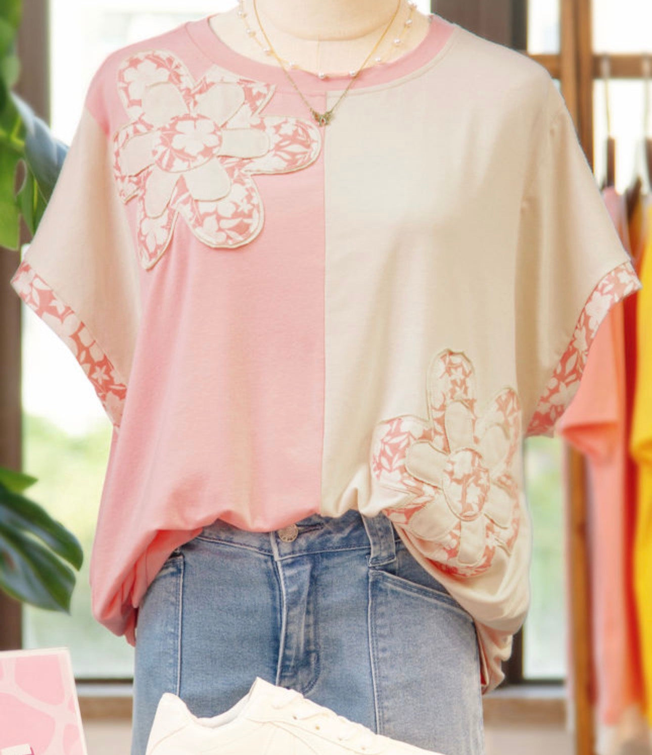 Apricot Color Block Flower Patched Loose TShirt