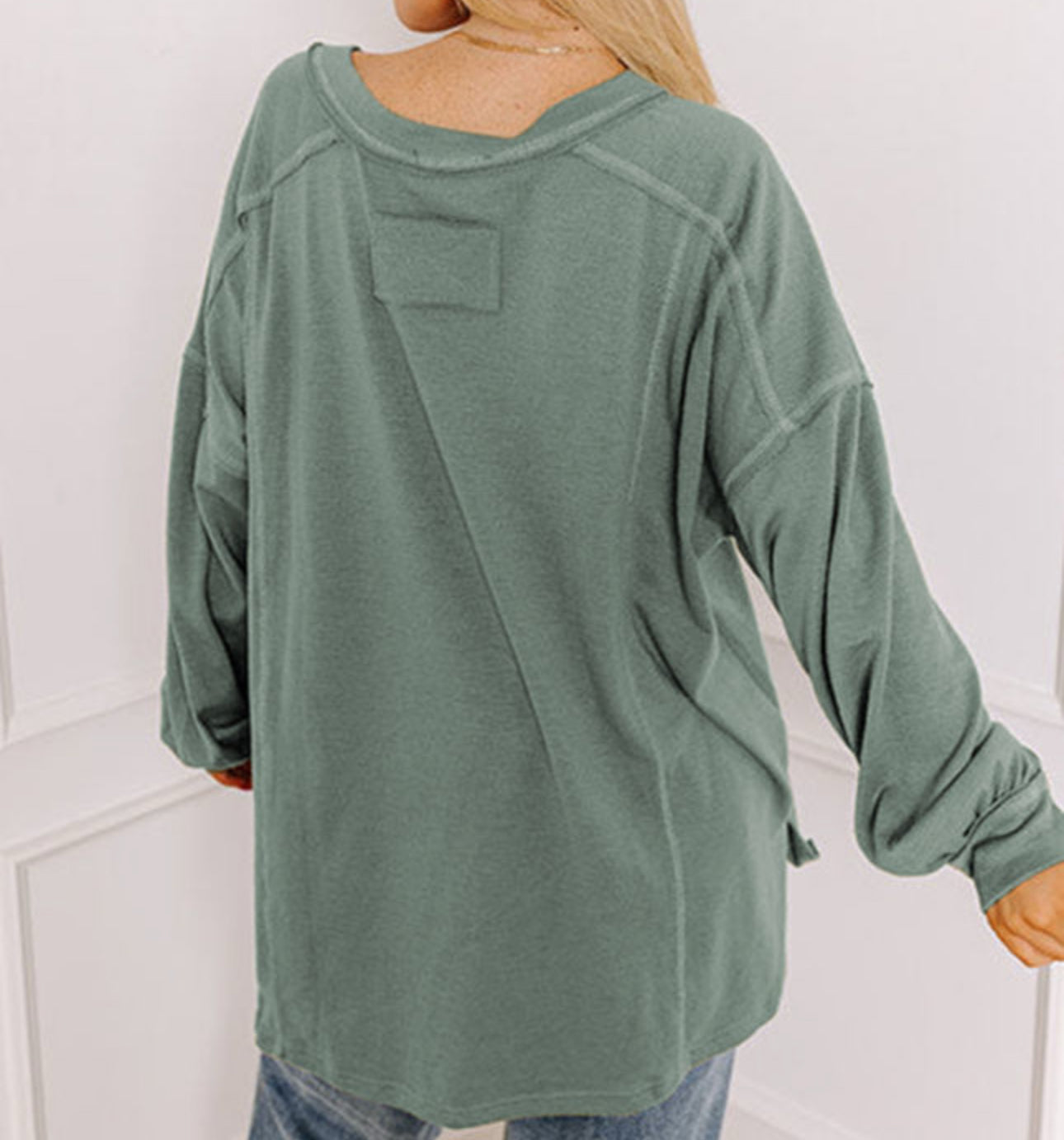 Plus Sized Exposed Seam Drop Shoulder Henley Top
