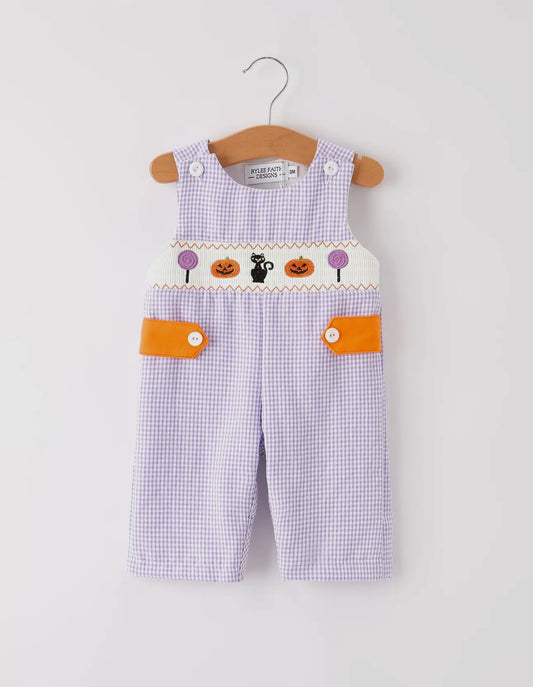 Halloween Purple Balloon Pumpkin Cat Smocked Embroidery Romper