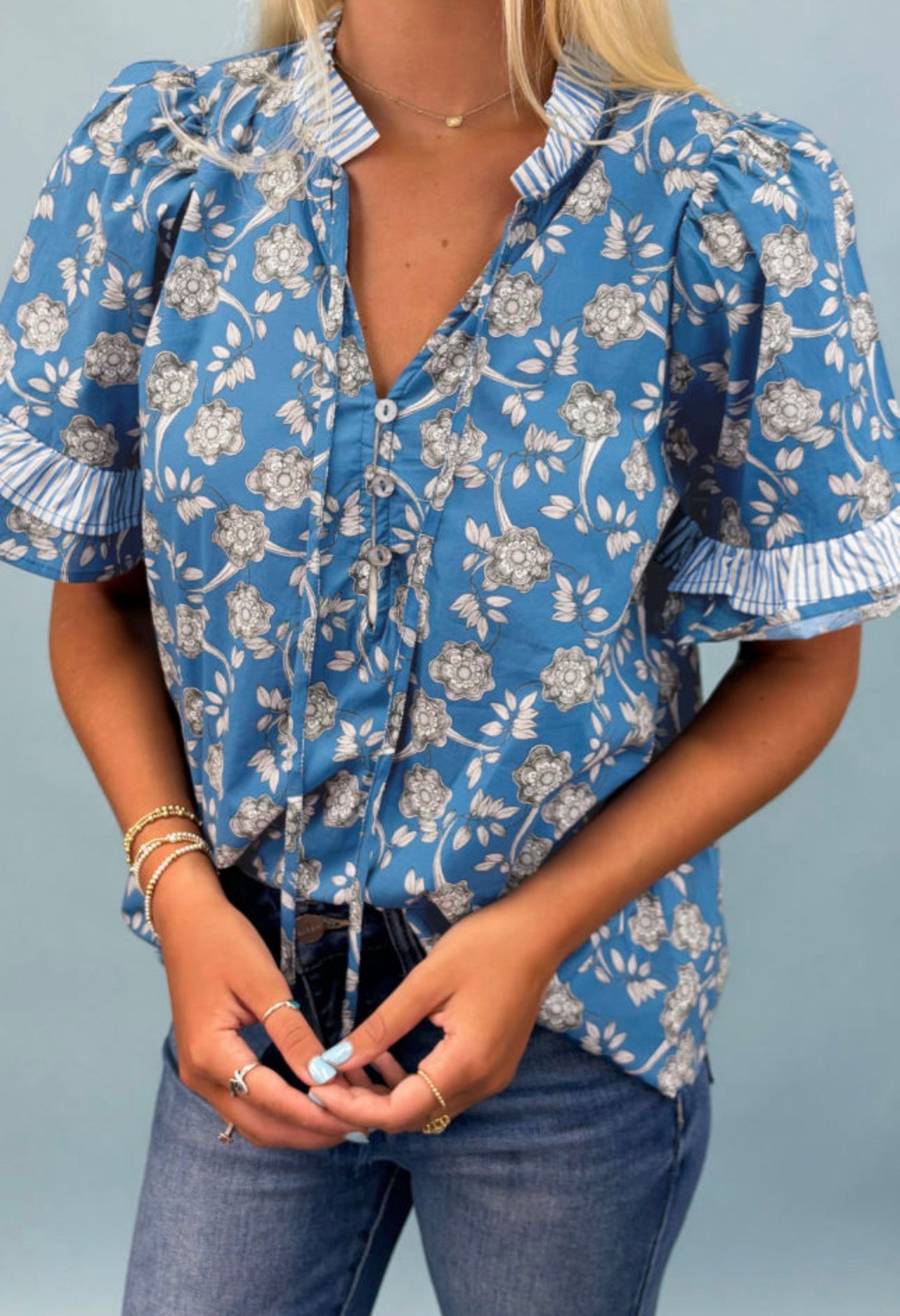 Blue Floral Print Buttoned Tie Neck Striped Detail Short Sleeve Blouse