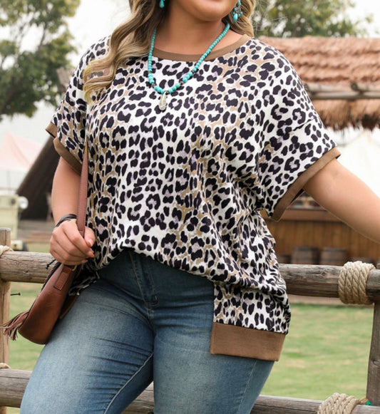 Khaki Leopard Contrast Trim Short Sleeve Plus Size Top