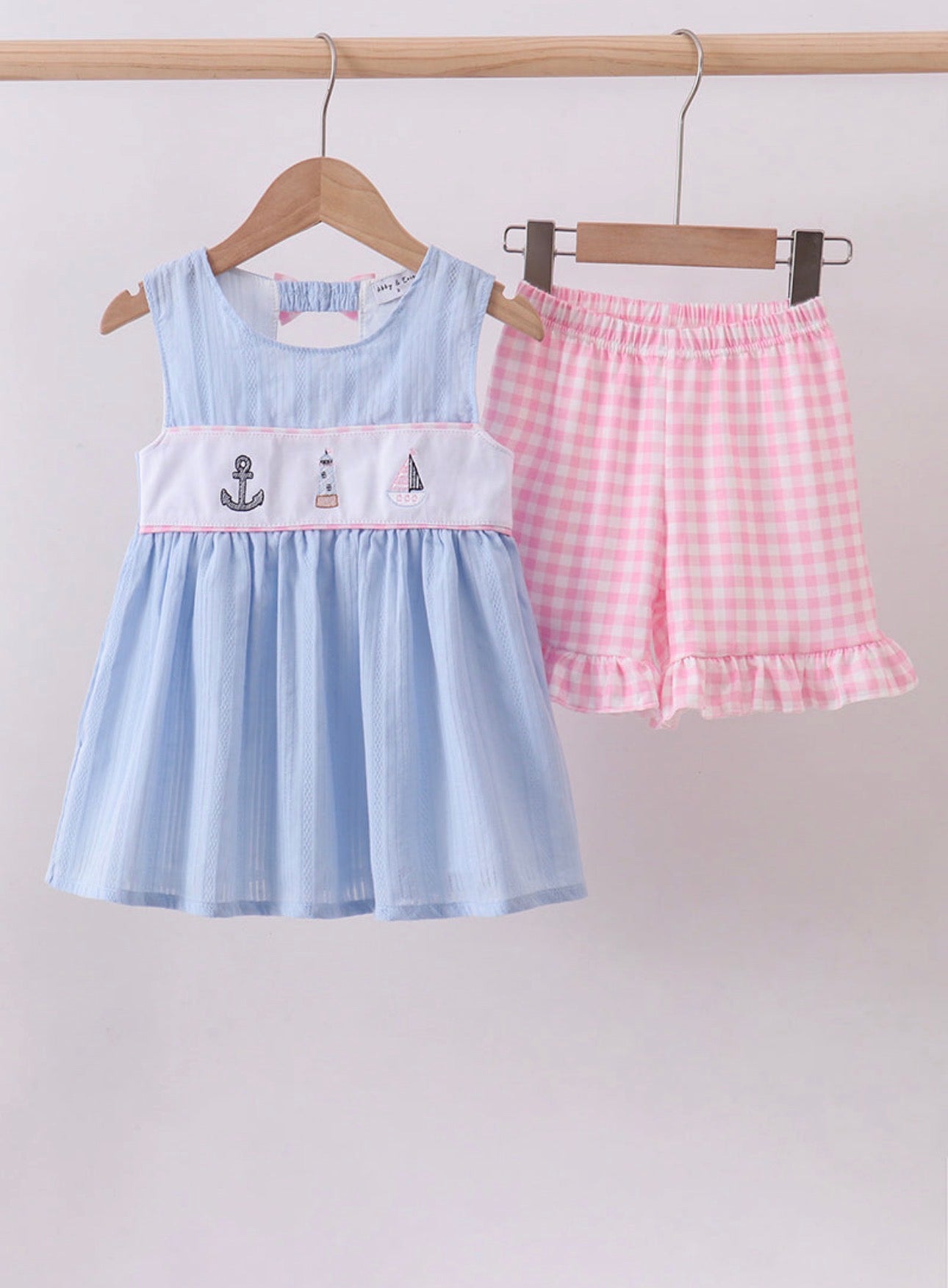 Blue Sailboat Embroidered Pink Gingham Short Set