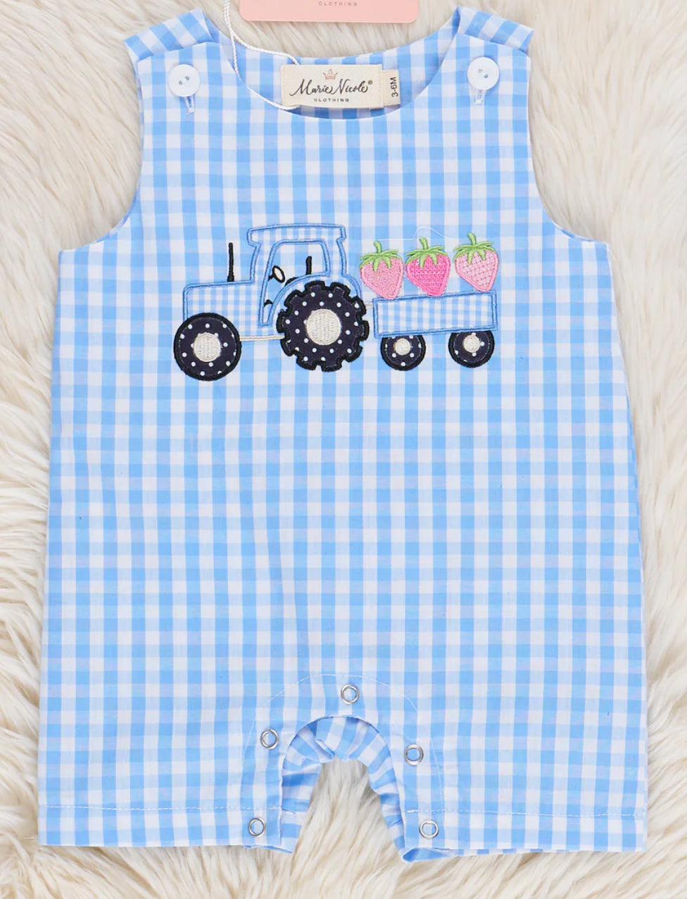 Gingham Embroidered Strawberry Tractor Romper