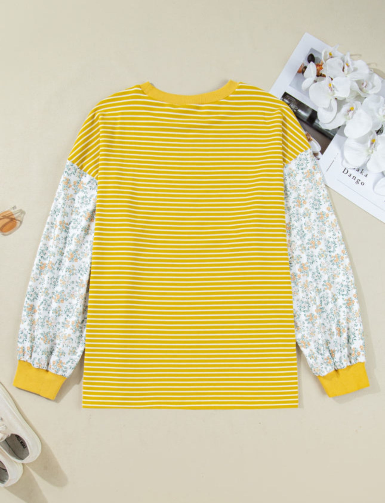 Plus Size Yellow Striped Floral Contrast Shirt