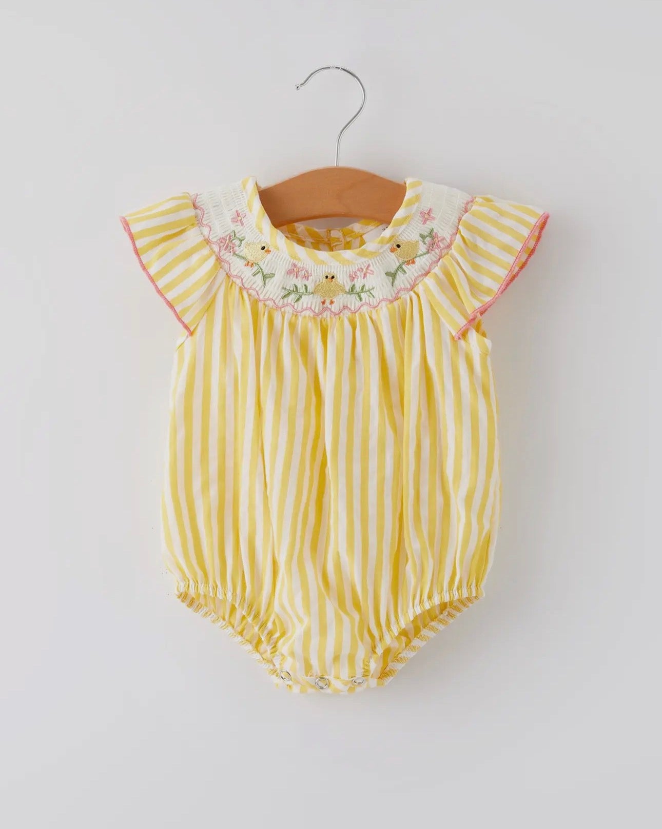 Girls Easter Embroidered Chicken Floral Smocked Romper