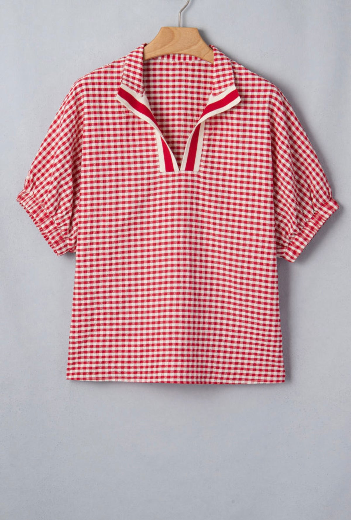Red Plaid Short Sleeve Blouse