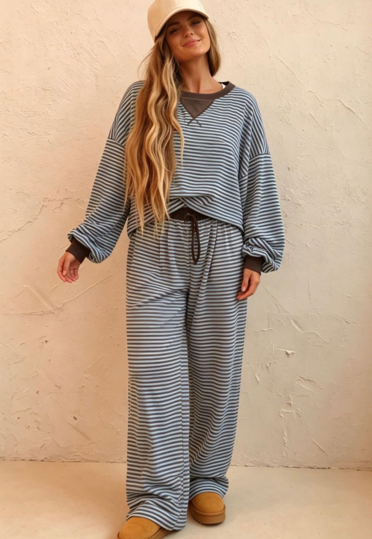 Brown Striped Dropped Shoulder Pant Set