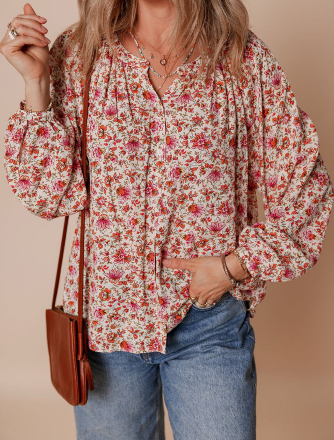Red Floral Print Pleated Detail Notched Neck Puff Sleeve Blouse