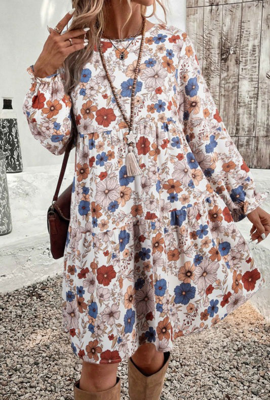 Floral Crew Neck Frilled Long Sleeve Dress