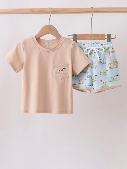 Khaki Puppy Embroidered Short Set