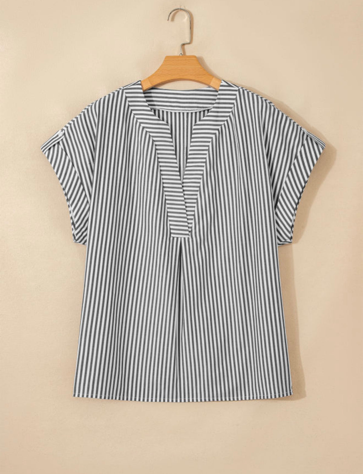 Black Striped Plus Size V Neck Short Sleeve Shirt