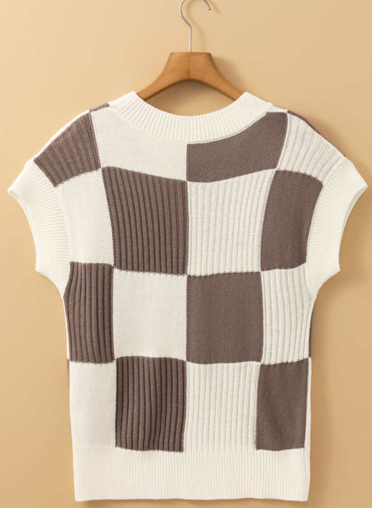 Khaki Checkered Colored Block Short Sleeve Crew Neck Sweater