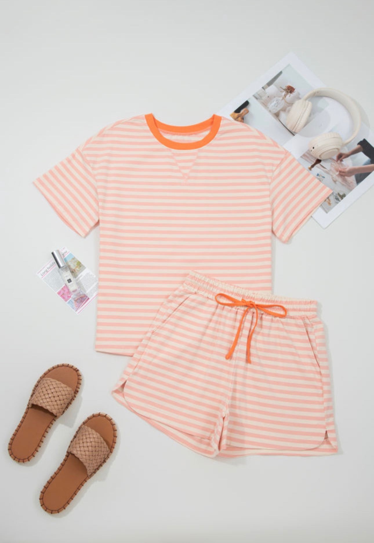 Pink Stripe Contrast Neck Loose Tee & Drawstring Short Set
