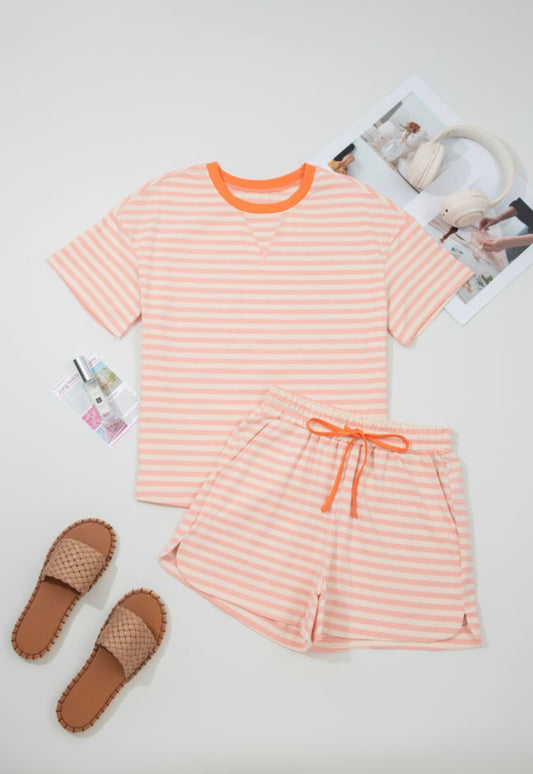 Pink Stripe Contrast Neck Loose Tee & Drawstring Short Set