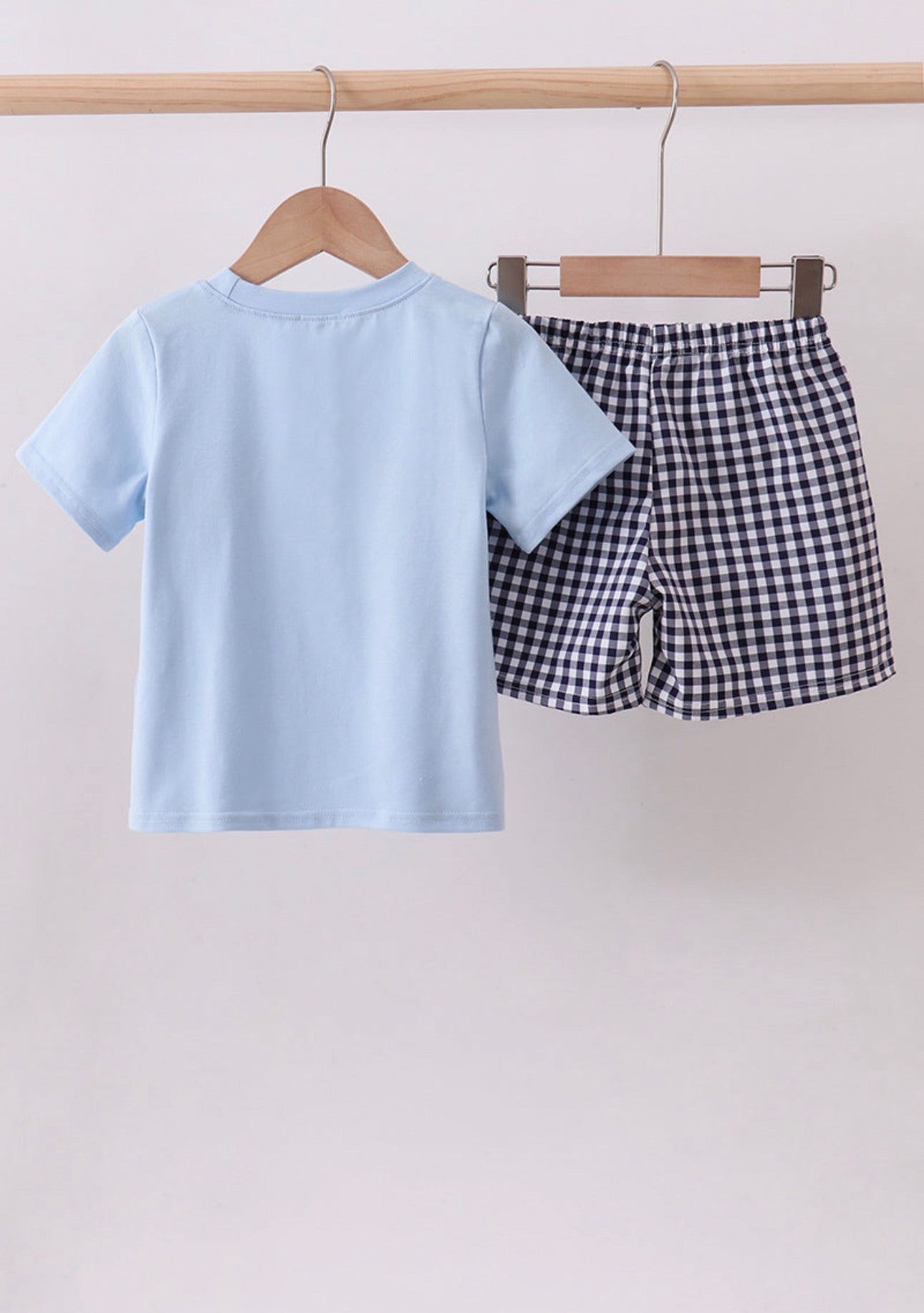 Blue Sailboat Embroidered Gingham Short Set