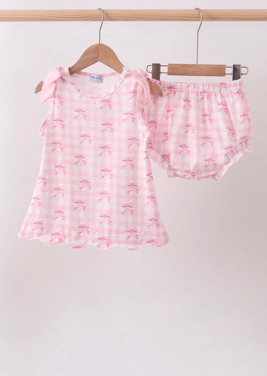 Pink Bow Print Scalloped Bloomer Set