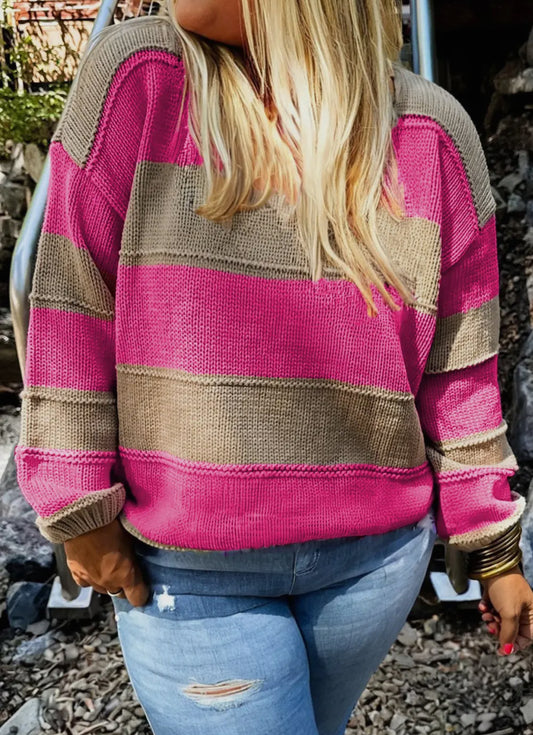 Plus Size Stripe ColorBlock Drop Shoulder Sweater