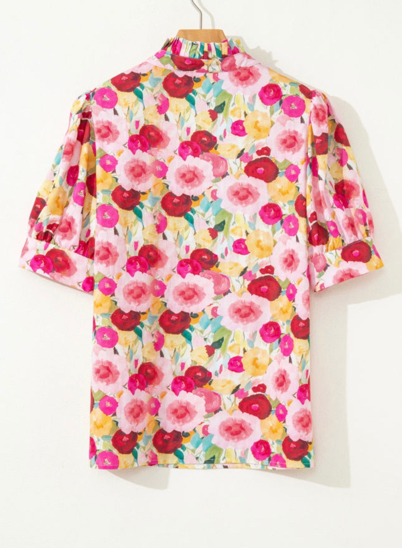 Pink Floral Frilled V Neck Puff Short Sleeve Blouse