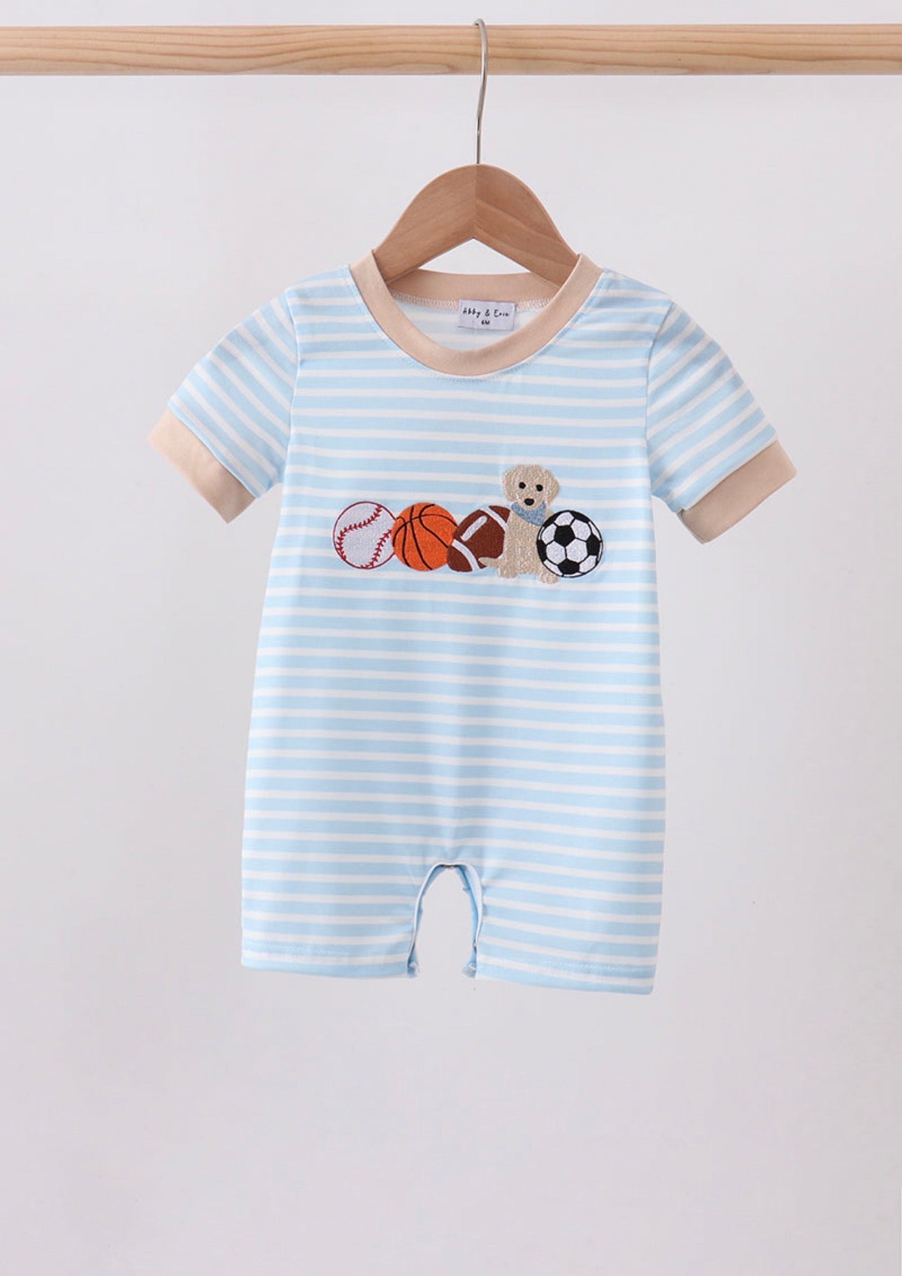 Blue Puppy Ball Embroidered Striped Romper
