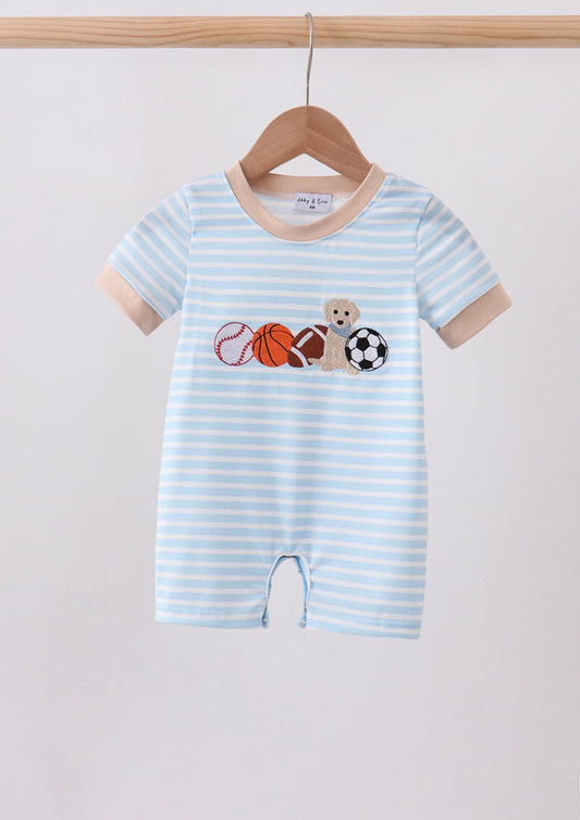 Blue Puppy Ball Embroidered Striped Romper