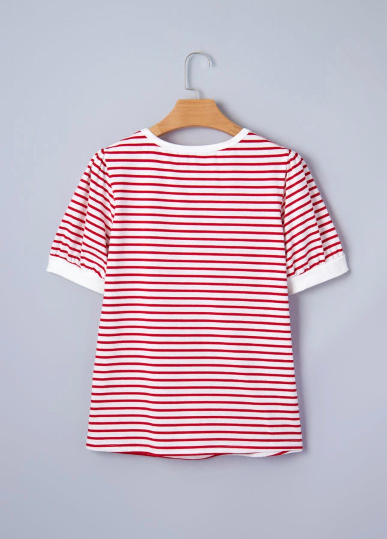 Red Striped Contrast Trim Round Neck Short Puff Sleeve Shirt