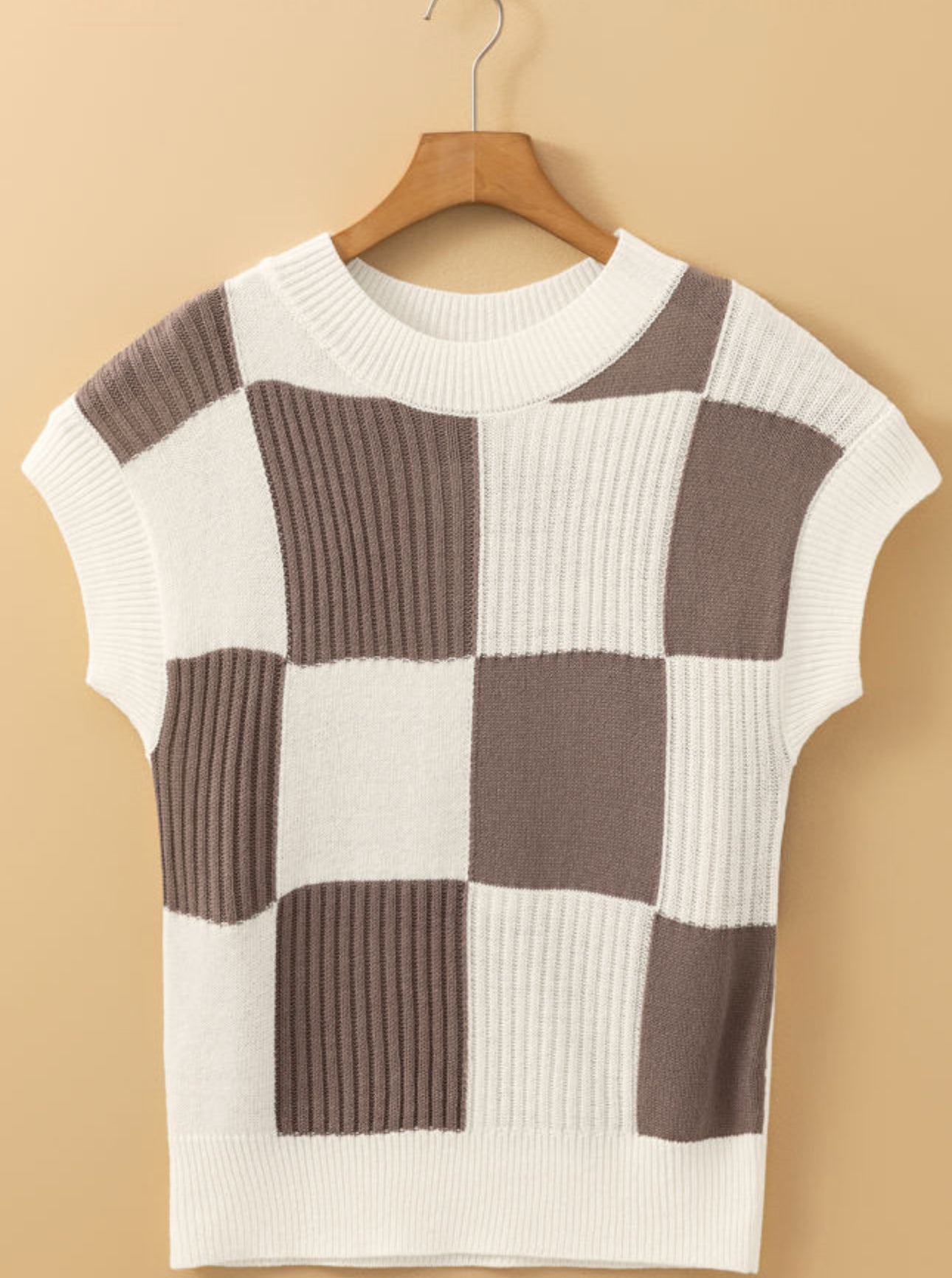 Khaki Checkered Colored Block Short Sleeve Crew Neck Sweater