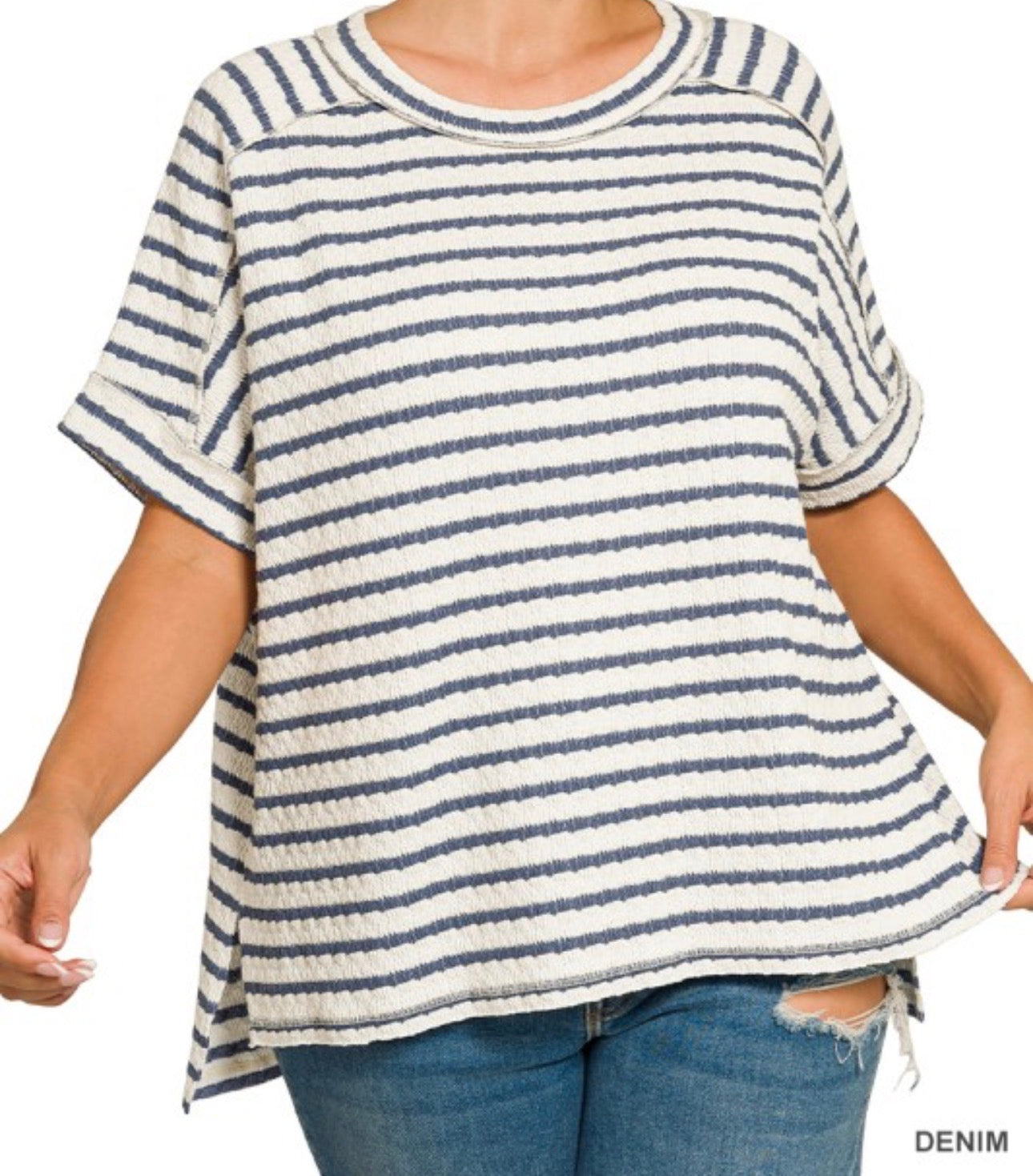 Zenana Striped Short Sleeve Hi-Low Tee