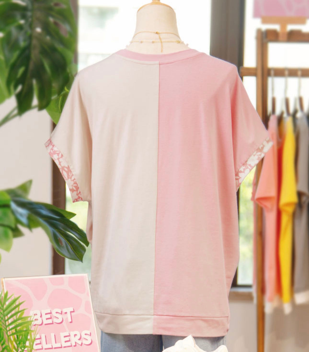 Apricot Color Block Flower Patched Loose TShirt