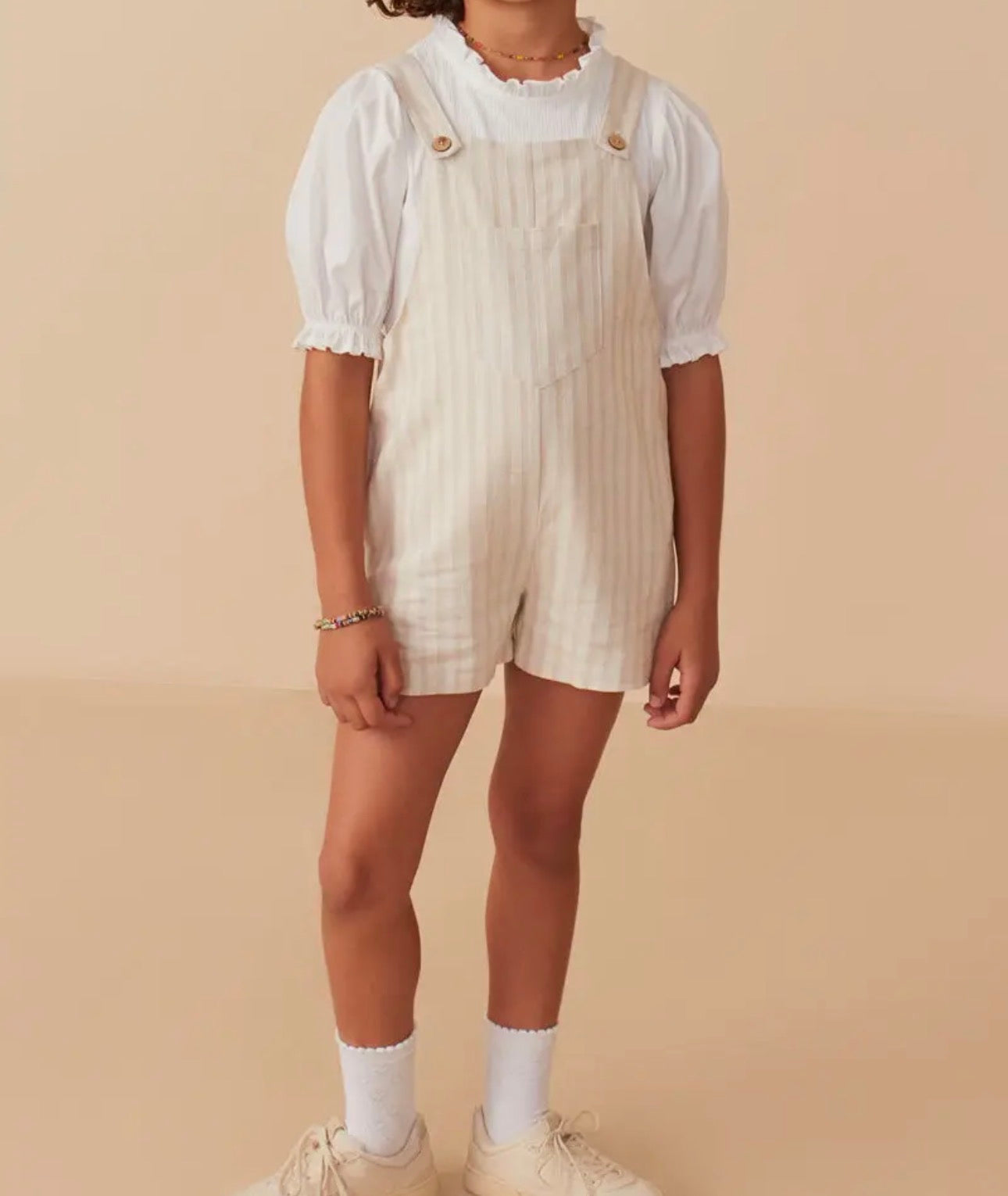 Girls Striped Pleat Detail Overall Shorts