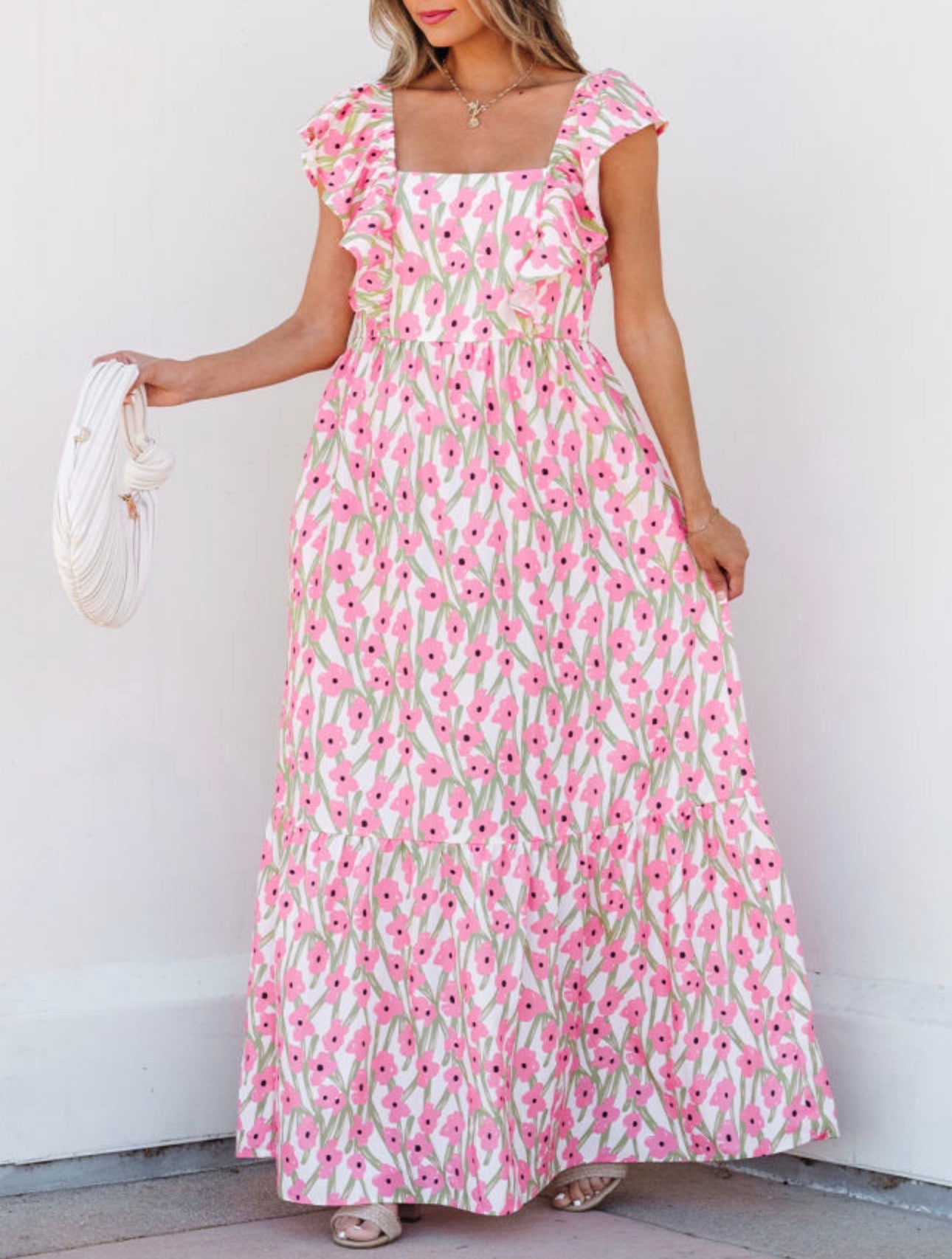 Pink Floral Print Square Neck Ruffled Sundress